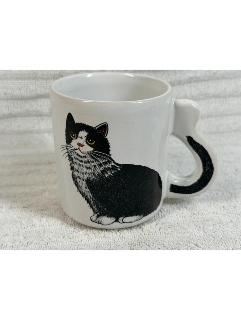 Ceramic Mug with Black and White Cat Design and Cat Tail Handle